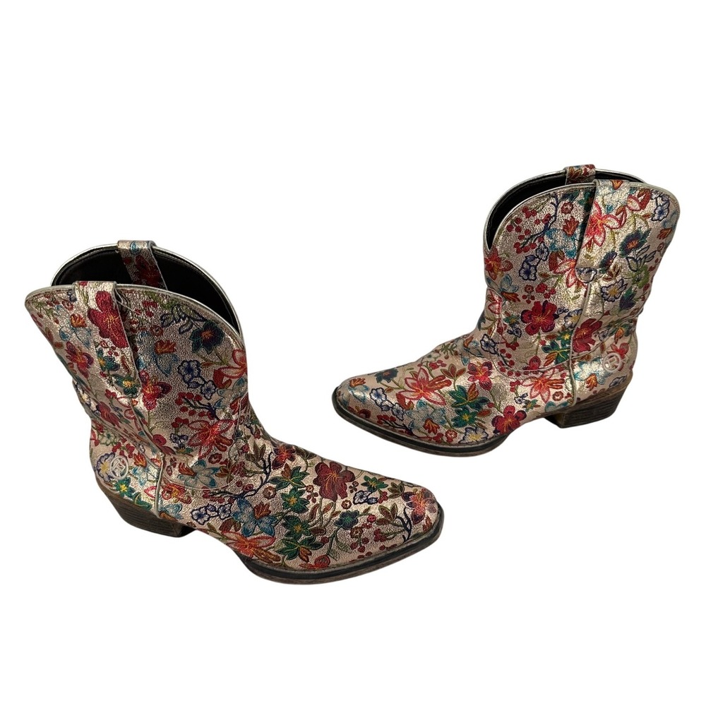 Roper Womens Metallic Floral Cowboy Boots Gold Multi Western Pointed Toe 10
